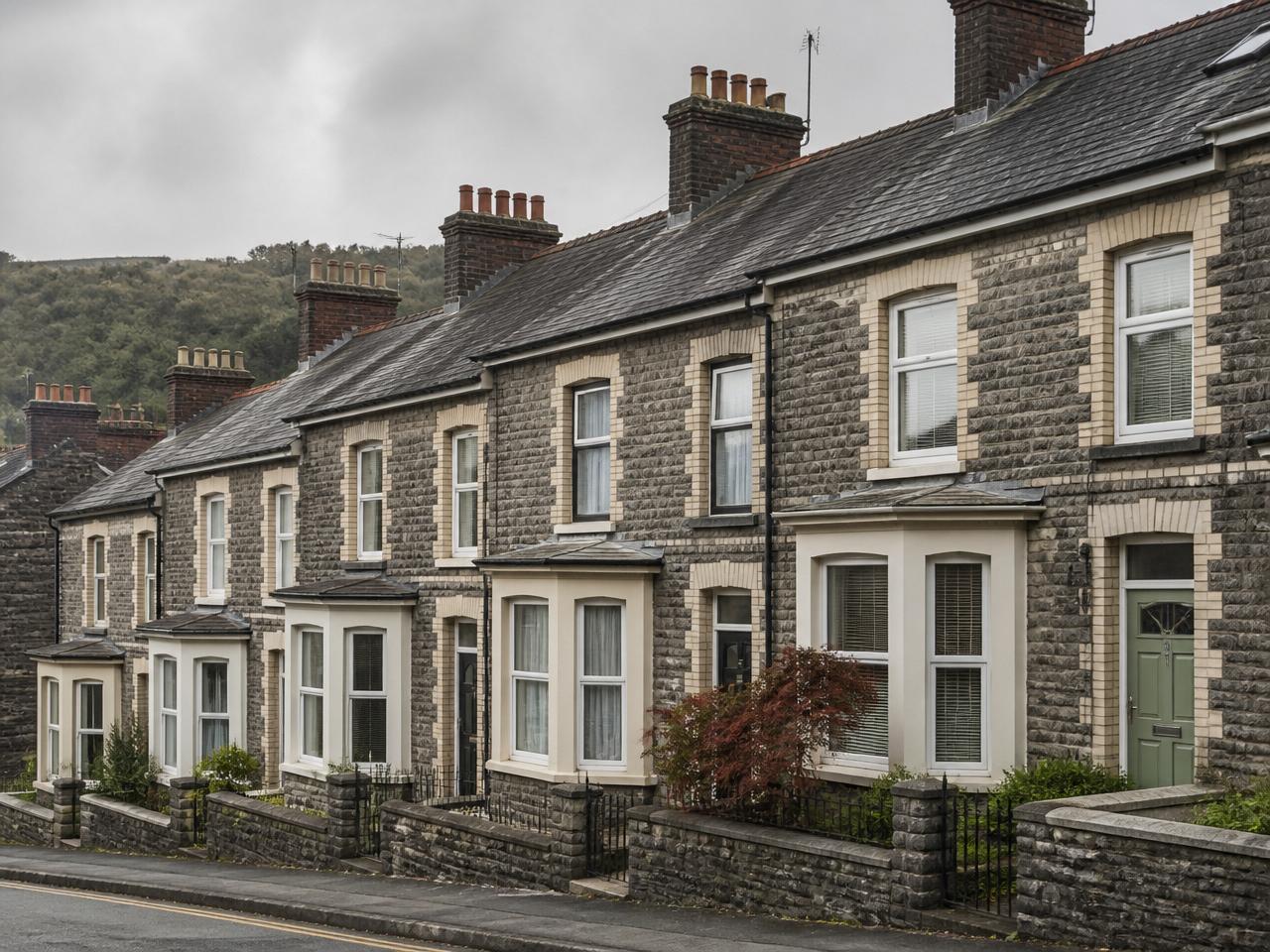 Traditional South Wales stone terrace houses with slate roofs and bay windows