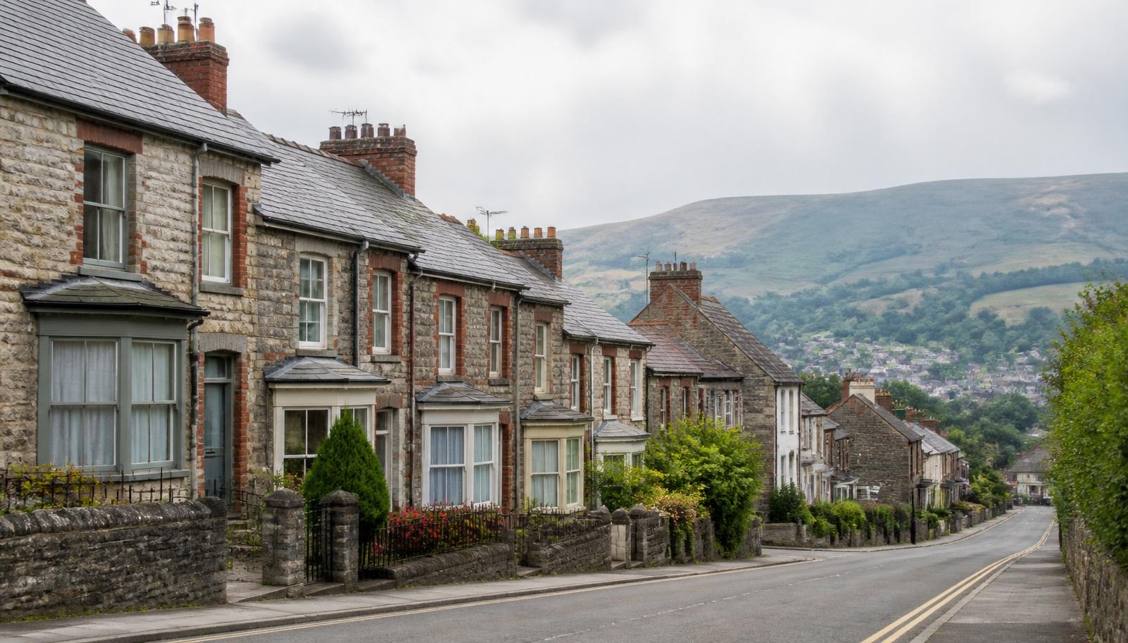 Row of traditional South Wales stone terrace houses on a sloping street with valley hillside beyond
